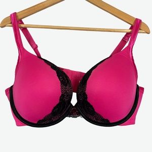 Cacique Smooth Boost Plunge Pink & Black Lace Print Back Close Underwire Bra 44D